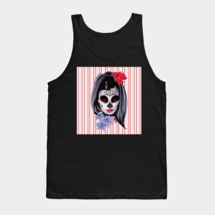 Red White and Black Striped Graphic & makeup mask,floral,flower skull Tank Top